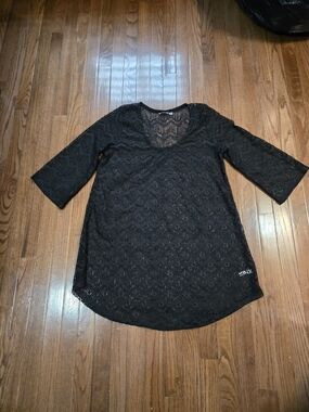 La Vie En Rose  Aqua Black Lace V-Neck Swim Coverup